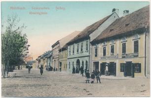 Szászsebes, Mühlbach, Sebes; Rosengasse / Rózsa utca, Rudolf Breckner, Karl Fabritius üzlete. J. Hientz kiadása / street view, shops