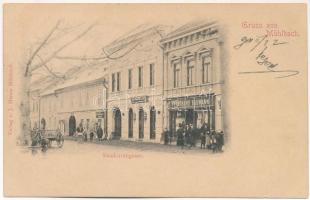 1901 Szászsebes, Mühlbach, Sebes; Siculorumgasse, Apotheke / Székely utca, Ferdinand Baumann üzlete, gyógyszertár. J. Hientz kiadása / street view, shops, pharmacy