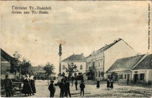 1907 Bán, Trencsénbán, Bánovce nad Bebravou; Fő tér, Városház, Mária oszlop. Fuchs Vilmos kiadása / main square, town hall, statue (EK)