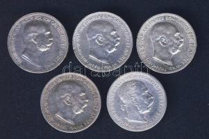 Ausztria 1899-1915. 1K Ag (5x) 4klf évszámmal, benne "Jubileum" T:2,3