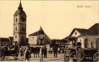 Verbó, Vrbové; Rinok / Piactér, Római katolikus templom és harangtorony, Herzog Lipót üzlete. W.L. Bp. 5726. Kabát Rudolf kiadása / market square, Catholic church and bell tower, shop