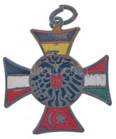 Osztrák-Magyar Monarchia ~1915-1918. részben zománcozott réz patrióta jelvény a német, a török, az osztrák és a magyar zászlóval, függesztőkarikával, mellszalag nélkül (22mm) T:XF,VF zománchiba Austro-Hungarian Monarchy ~1915-1918. partially enamelled copper patriotic badge, with the German, the Turkish, the Austrian and the Hungarian flags, with suspension ring, without ribbon (22mm) C:XF,VF enamel error