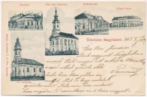 1903 Nagylak, Nadlac; Városháza, görögkeleti és ágostai hitvallású evangélikus templom, kisdedóvoda, állami iskola. Friedrich G. és fia kiadása / town hall, churches, kindergarten, school