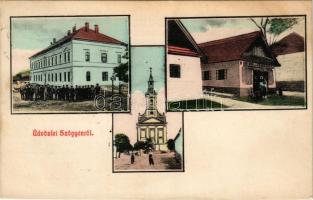 Szőgyén, Szölgyén, Svodín, Seldin; Római katolikus elemi iskola és templom, bor, sör és pálinka mérés üzlete. Kellner Bernát kiadása / school and church, liquor shop