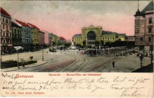 1904 Budapest VII. Baross tér és szobor, Keleti pályaudvar, vasútállomás, villamos. Ganz Antal kiadása 113. (fa)