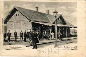 1903 Gyékényes, Vasúti vendéglő a vasútállomás mellett. Weisz Jakab kiadása + "BROD - NAGY-KANIZSA 26. SZ." vasúti mozgóposta bélyegző (fl)