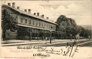 1905 Villány, Vasútállomás. Fénynyomat Divald műintézetéből + "BROOD - BUDAPEST 31. SZ." vasúti mozgóposta bélyegző (vágott / cut)