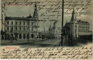 1900 Kolozsvár, Cluj; Bénig palota, Wagner Sebestyén, Bojáki Sándor üzlete, este / palace, shops, night