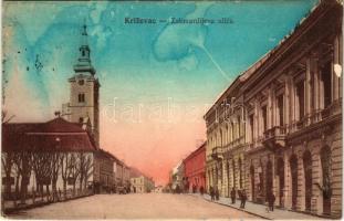 1912 Kőrös, Krizevac, Krizevci; Zakmardijeva ulica / street view + "BROD - NAGY-KANIZSA 61" vasúti mozgóposta bélyegző (EB)