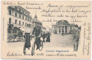 1905 Nagyvárad, Oradea; Bémer tér, színház. Montázs kerékpáros párral, biciklizők, Schönfeld Sámuel kiadása / square, theatre. Montage with couple on bicycle (EB)