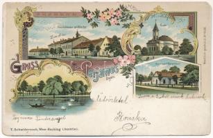 1910 Perjámos, Periamos; Hauptstrasse mit Kloster, Kirche, Brummer's Warenhaus / Fő utca, kolostor, templom, Brunner üzlete, tó / main street, cloister, church, shop, lake. Kunstanstalt Karl Schwidernoch Art Nouveau, floral litho + "PERJÁMOS - VALKÁNY 90" vasúti mozgóposta bélyegző (EK)