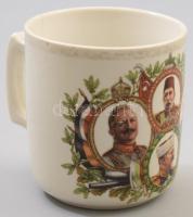 I. világháborús propaganda bőgre a tengelyhatalmak uralkodóival, Ferenc József Vilmos császár, stb. Matricás, jelzett, repedt 9 cm