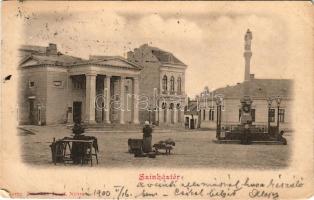 1900 Nyitra, Nitra; Színház tér, piac. Neumann József kiadása / square, market, theatre + "NAGY-BELICZ - TÓT-MEGYER 71" vasúti mozgóposta bélyegző (EB)