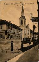 1907 Nagyvárad, Oradea; Zárda épület, Kern és Petrovics fűszer és csemege kereskedése az Arany Kereszthez, üzlet, villamos. W.L. 958. / street, convent, tram, shop (fl)