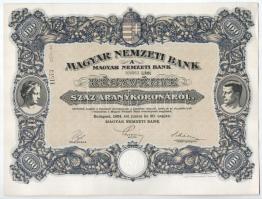 Budapest 1924. "Magyar Nemzeti Bank" részvény 100K-ról "306063" szárazpecséttel, vízjeles papíron T:AU,XF Hungary 1924. "Magyar Nemzeti Bank (Hungarian National Bank)" Hungarian National Bank share about 100 Korona "306063" with embossed stamp on watermarked paper C:AU,XF