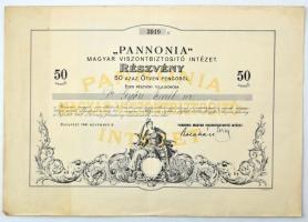 Budapest 1941. "Pannónia Magyar Viszontbiztosító Intézet" névre szóló részvénye 50P-ről, szárazpecséttel, szelvényekkel, vízjeles papíron T:VF