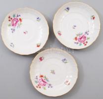 3 db Herendi Eton mintás teás csészealj kézzel festett, jelzett, repedt d: 14 cm