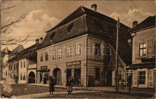 1916 Szászsebes, Mühlbach, Sebesul Sasesc; Zápolya ház, Gustav Dehinten és Albert Ilk üzlete. Erich Hutter kiadása / villa, shops + "M. KIR. 302. HONVÉD GYALOGEZRED PARANCSNOKSÁG" (EK)