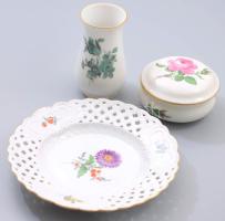 3 db Meisseni porcelán tárgy. Áttört tányér d: 19 cm, bonbonniere, váza
