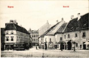 Sopron, Ikva híd, Tűzőrség, arany és ezüst áruk, üzletek, gyógyszertár, villamos. Kummert L. utóda kiadása 427. sz.