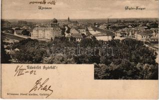 1902 Győr, Újváros és Sziget, hidak, zsinagóga, izraelita templom. Nitsmann József kiadása (EK)