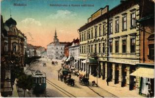 1916 Miskolc, Széchenyi utca, Korona szálloda, villamos. Vasúti levelezőlapárusítás 49. sz. 1916. (EK)