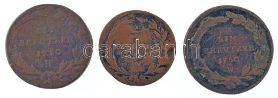 Ausztria 1780W 1/2kr Cu + 1kr Cu "Mária Terézia" + 1780H 1kr Cu "Mária Terézia" ...