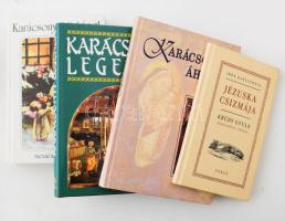 4 db karácsonyi témájú könyv: Jézuska csizmája. Krúdy Gyula karácsonyi írásai. Bp., 2003, Noran. Kiadói kartonált papírkötés. + Karácsonyi áhítat. Szerk.: Kálmán Ildikó és Lukács László. Bp., 2000, Vigilia. Kiadói kartonált papírkötés. + Karácsonyi legenda. Válogatás magyar szerzők karácsonyi írásaiból. Vál. és szerk.: Urbán László. Bp., 2000, Magyar Könyvklub. Kiadói egészvászon-kötés, kiadói papír védőborítóban. + Karácsonyi történet. Magyar írók novellái. Összeáll.: Háy János. H.n., é.n., Palatinus. Kiadói kartonált papírkötés.