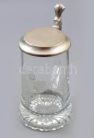 Ónfedeles üveg söröskorsó, komló motívumos díszítéssel, jelzett, 0,5 l, m: 18 cm