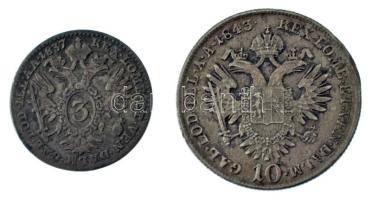 Ausztria 1837A 3kr Billon "I. Ferdinánd" (1,55g) + 1843A 10kr Ag "I. Ferdinánd" (3,66g) T:VF-F, patina, peremhiba Austria 1837A 3 Kreuzers Billon "Ferdinand I" (1,55g) + 1843A 10 Kreuzers Ag "Ferdinand I" (3,66g) C:VF-F, patina, edge error Krause KM#2202, KM#2191