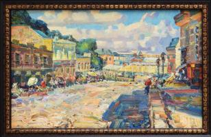 Liszicyn, Sz. V. (-)m ukrán festő: Kiev, Andreev lejtő, 1995. Olaj, karton, jelzett a hátoldalán, 28...