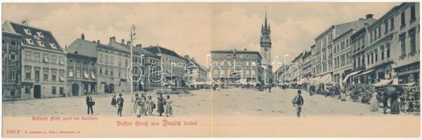 Znojmo, Znaim; Unterer Platz gegen das Rathhaus / city hall, market, shops, church. 2-tiled folding panoramacard (fl)