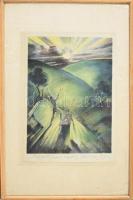 Ruzicskay György (1896-1993): Hajnal. Színezett algráfia, papír, jelzett. Üvegezett fakeretben. 24x1...