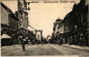 1921 Miskolc, Széchenyi utca, Weidlich palota, Herz Samu üzlete, villamos. Vasúti levelezőlapárúsítás (fl)