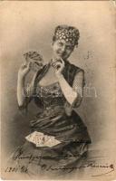 1901 Hölgy kártyával / Lady with cards. Br. K. W. I. Fec. Ch. Scolik (szakadás / tear)