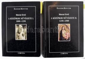 Marosi Ernő: A középkor művészete I.-II. köt. Egyetemi Könyvtár. Bp.,1997-1997, Corvina. 252+370 p. Fekete-fehér fotókkal illusztrált. Az I. kötet 2. kiadás. Kiadói papírkötés, számos lapon tollas jelölésekkel. Marosi Ernő (1940-2021) Széchenyi-díjas művészettörténész, egyetemi tanár, a MTA tagja, az MTA Művészettörténeti Intézetének igazgatója (1991-2000.)