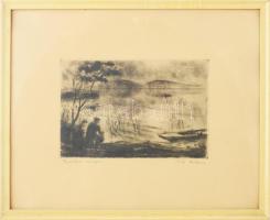 Iván Szilárd (1912-1988): Balatoni horgász, rézkarc, papír, jelzett, üvegezett fakeretben, 19x29 cm