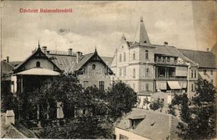 1913 Balatonfüred, dr. Engel Gyula nyaralója (ma a Balatoni Borok Háza) és a Hermina-udvar szálló (ma a Kedves Kávéház és Cukrászda) épülete. Grüner Simon kiadása (fl)