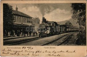 1907 Körmöcbánya, Kremnitz, Kremnica; vasútállomás, gőzmozdony, vonat / Bahnhof / railway station, locomotive, train (fa)