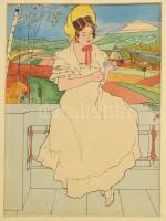 Jelzés nélkül: Lány virággal. Akvarell, tus, papír. Üvegezett fakeretben, 19,5×14,5 cm