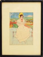 Jelzés nélkül: Lány virággal. Akvarell, tus, papír. Üvegezett fakeretben, 19,5×14,5 cm