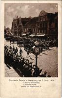 Russische Parade in Insterburg am 5. Sept. 1914. General Rennenkampf, Großfürst Nicolai nehmen den Parademarsch ab. Verlag R. Gottwaldt / WWI Russian military parade in Insterburg (present day Chernyakhovsk, Russia) during the occupation, General Rennenkampf and Grand Duke Nicholas Nikolaevich of Russia, shops of Jockel, F. Naujoks (fl)