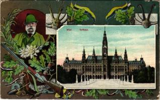 1910 Wien, Vienna, Bécs; Rathaus / town hall. Hunting montage with guns, flags and Franz Joseph (EK)