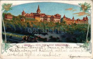 1907 Wien, Vienna, Bécs XIX. Gruss vom Hotel-Restaurant Kahlenberg / railway, locomotive, train. Josef Eberle Art Nouveau litho (EK)