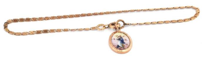 14K arany (Au) karlánc porcelán szentképes medállal jelzett, br 2,82 g,