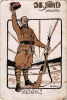 1916 38. Honvéd hadosztály BÚÉK / WWI Austro-Hungarian K.u.K. military art postcard with New Year greeting s: Daday + "K.U.K. FELDPOSTAMT 23" (EM)