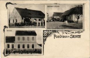 Senec (Rakovník), Hostinec p. Truksy, Skola / shop of J. Solar, restaurant, inn, school. Art Nouveau, floral (EK)