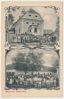 1910 Fehéregyháza, Albesti, Weisskirch, Ferihaz; templom, falubeliek üzlet mellett, erdélyi folklór. H. Zeidner kiadása / church, villagers next to a shop, Transylvanian folklore. Art Nouveau, floral (EB)