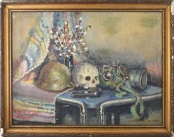 Nagy Oszkár jelzéssel: Memento mori. Olaj, vászon. Javított. Dekoratív, sérült fakeretben. 65x85 cm