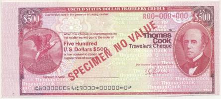 Amerikai Egyesült Államok DN "Thomas Cook Travelers cheque" utazási csekk 500$-ról, "SPECIMEN" felülbélyegzéssel, "000"-ás sorszámmal, jelzetlen másolat! T:AU USA ND "Thomas Cook Travelers cheque" traveller's cheque about 500 Dollars with "SPECIMEN" overprint and "000" serial number, unmarked replica! C:AU